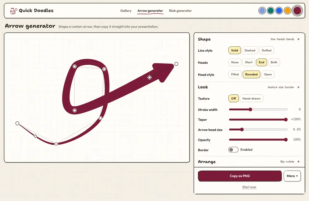 Quick Doodles arrow generator shaping a looping, tapered arrow